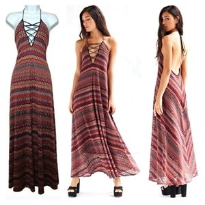 ECOTE Colorful Geometric Wave Stripe Print Knit Halter Tassel Maxi Dress M NWT